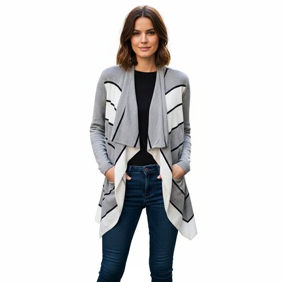 Karen Millen Women’s Grey & Cream Stripe Waterfall Cardigan - Size 4 - Picture 1 of 8